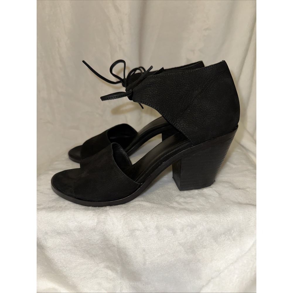 Eileen Fisher Sandals 7.5 Black Suede Leather Block Heels  Ankle Tie Shoes